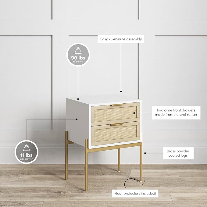 Andrew End, Bedside or Side Table in Matte White Finish with Two Natural Rattan Drawers Doors for Storage and Brass Gold Accents for Living Room or Bedroom, White/Cane/Gold