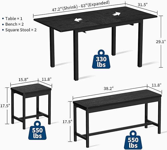 GarveeHome 5 PCs Dining Table Set for 6-8 People, 63 in Extendable Kitchen Table Set with 2 Benches and 2 Square Stools, Modern Dining Room Furniture Sets, Easy Assembly, Black