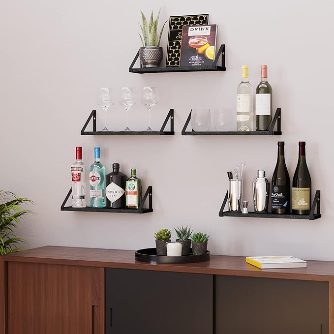 Wallniture Ponza 17'' x 4.5'' Floating Wall Shelf Bathroom, Small Wood Book Shelves for Wall Storage, Wall Mounted Shelf, Dining Room, Bedroom, Living Room, Office & Kitchen Organization, Black, 20pcs