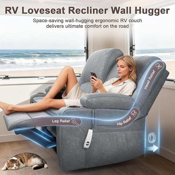 Yolsali Power Reclining Loveseat with Remote Control, Zero Wall Hugger RV Loveseat Recliner Sofa for Living Room with Removable Armrest, 2-Tier Cushions, Hidden Storage & USB Ports, PU Leather Grey