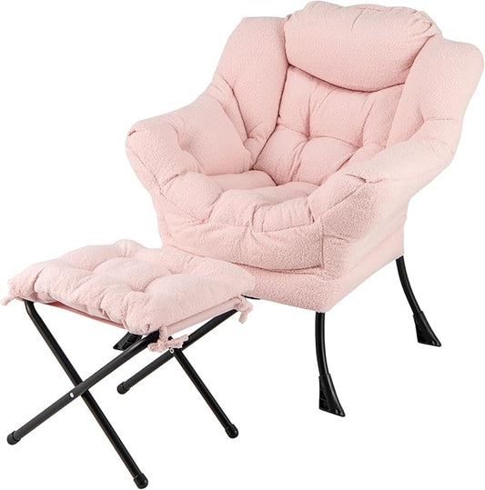 GORELAX Lazy Chair with Ottoman, Modern Accent Chair w/Armrests & Side Pocket, Upholstered Lounge Sofa Chair & Folding Footstool Set, Reading Chair for Bedroom, Living Room, Dorm Room (Plush Pink)