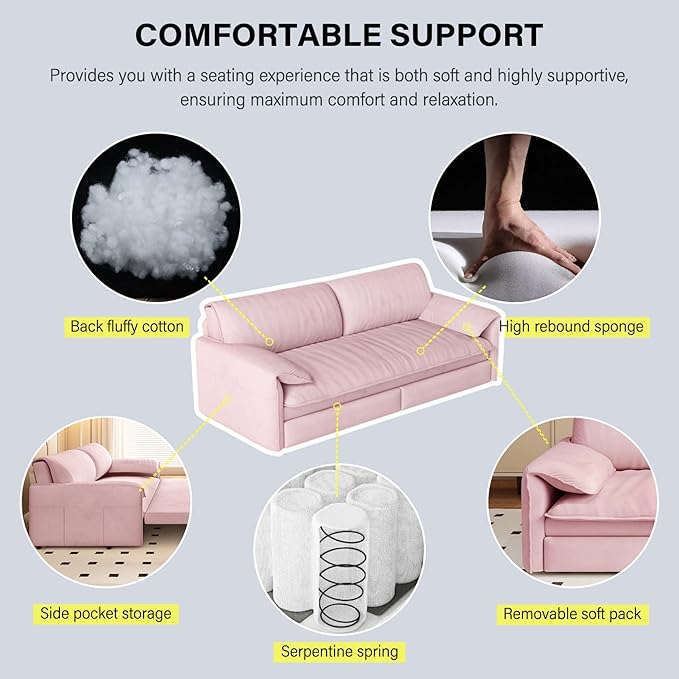 Ball & Cast 63.8" Convertible Sleeper Sofa,3-in-1 Queen Pull Out Couch with Side Pockets,Multi-Functional Velvet Loveseat Bed for Living Room,Bedroom,Apartment,Office,Pink