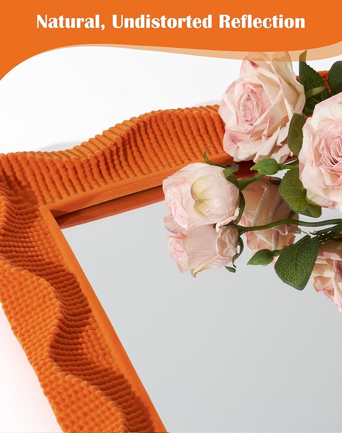 Wavy Wall Mirror with Soft Flocking Touch, 14x12 Resin Decorative Wall Mirror for Bedroom Bathroom Living Room Modern Aesthetic Decor, Trendy Accent Mirrors for Girl Teens Gift (Orange)