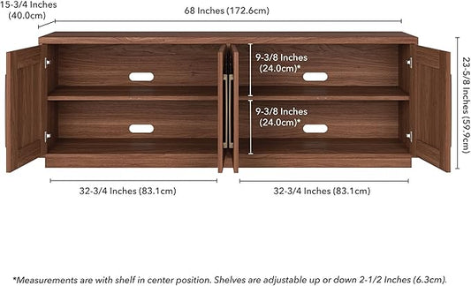 Henn&Hart TV Stand for TVs up to 75'' with 2 Concealed Storage Cabinets and Adjustable Shelves for Living Room, Family Room, or Office, Medium Walnut