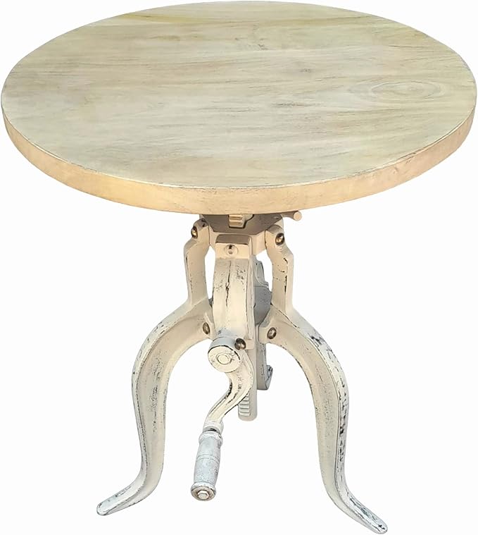 NACH Solid Mango Wood/Cast Iron Kai Adjustable Crank Side Table, Antique White, 18" x 1.13" x 18-27", CC-1816AW