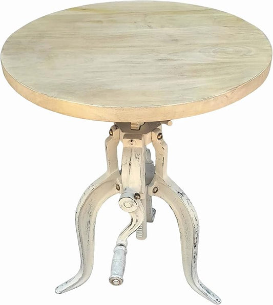 NACH Solid Mango Wood/Cast Iron Kai Adjustable Crank Side Table, Antique White, 18" x 1.13" x 18-27", CC-1816AW