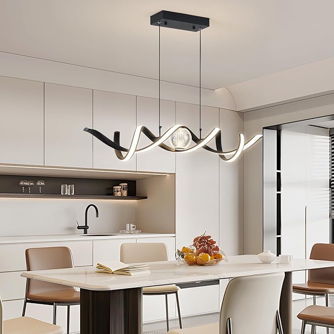 Modern LED Pendant Lights, Dimmable 39'' Spiral Wave LED Chandelier Lighting, Linear Swivel Black Dining Room Hanging Light Fixtures Kitchen Island Pendant Light for Dining Table (2340lm)