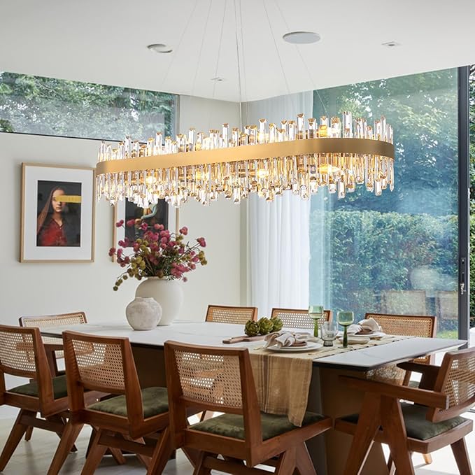 CROSSIO L52'' Modern Crystal Chandelier for Dining Room, 20-Light Gold Rectangular 2-Tiers K9 Crystal Raindrop Chandelier Flush Mount Pendant Ceiling Light for Dining Living Room Kitchen Island