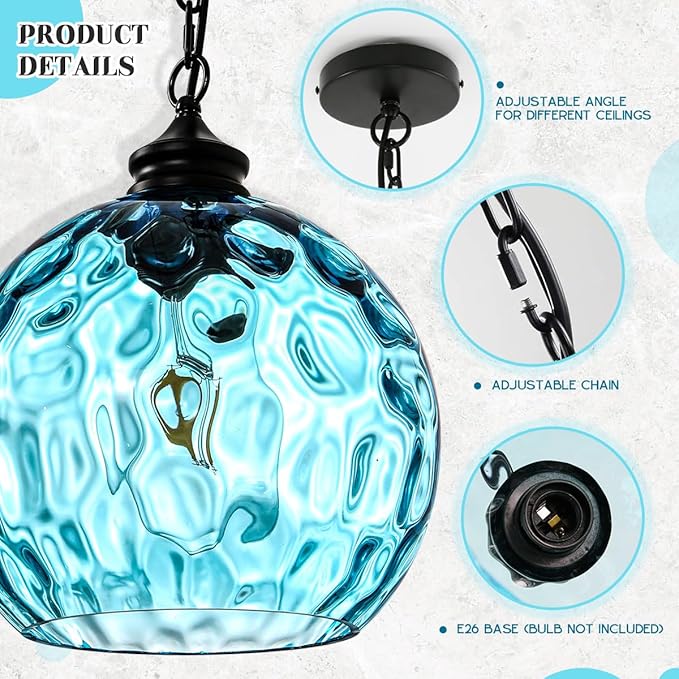 Globe Pendant Lights Blue Glass Pendant Light 1-Light Vintage Black Pendant Light 13.7 inch Large Chandelier mid Century Modern Hanging Lighting for Kitchen Dining Room Bedroom Living Room