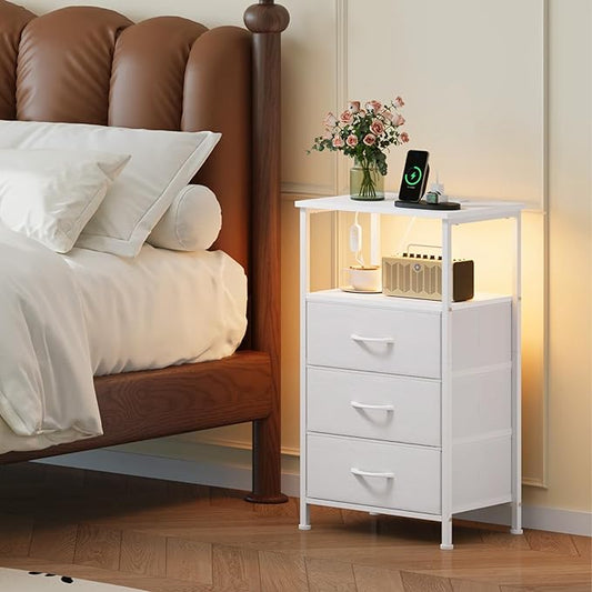Somdot Nightstands Set of 2,Bedside Tables with Charging Station and LED Lights,Night Stand with 3 Fabric Drawers, End Tables with Open Shelf for Bedroom Living Room Entryway Hallway, White Leather