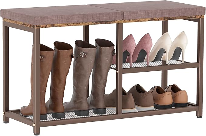 Shoe Rack Bench for Entryway 3-Tier, Free Standing Shoe Racks with Seat Cushion, Narrow Shoe Storage Shelf with Boot Organizer, Shoe Rack for Small Spacesh with Wood Bench (Brown + Coffee)