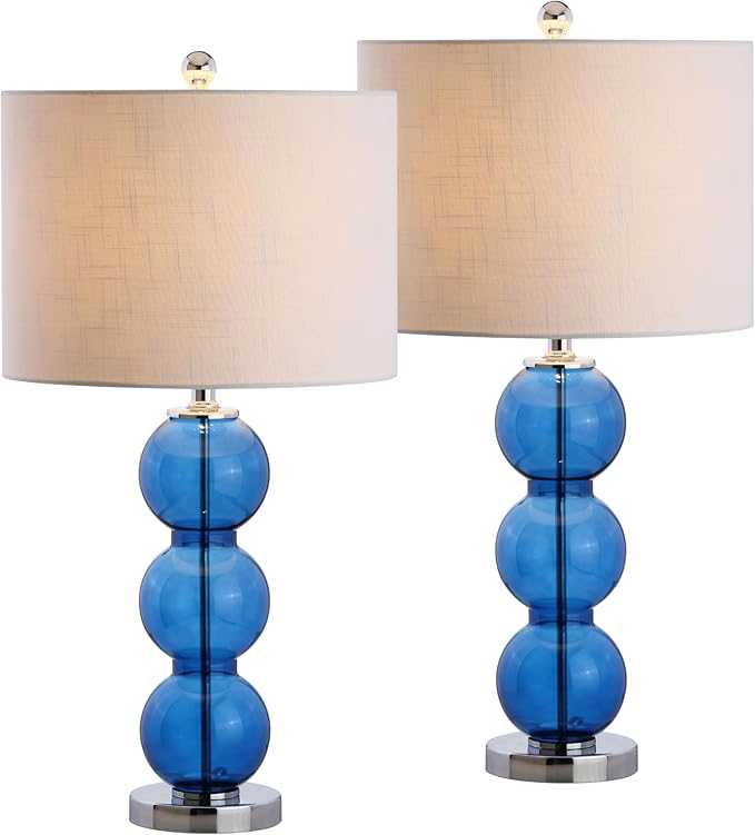 JONATHAN Y 27" Cobalt Blue/Chrome Triple-Sphere Glass Table Lamp Set of 2, Bedside, White Linen Shade, Modern Table Lamps for Living Room, Bedroom, Office, LED Bulbs Included (JYL1070E-SET2)