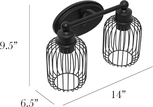 Elegant Designs VT1021-BLK 14" Industrial Farmhouse 2 Light Metal Birdcage Decorative Wall Mounted Vanity Fixture with Matching Metal Oval Backplate Vanity, Black