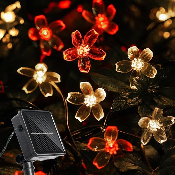 60 LED Solar String Lights Outdoor Waterproof Flower Fairy Lights for Garden Fence Patio Yard Christmas Tree Lawn Wedding Party Decor, Red and Warm White