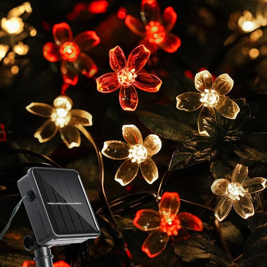 60 LED Solar String Lights Outdoor Waterproof Flower Fairy Lights for Garden Fence Patio Yard Christmas Tree Lawn Wedding Party Decor, Red and Warm White