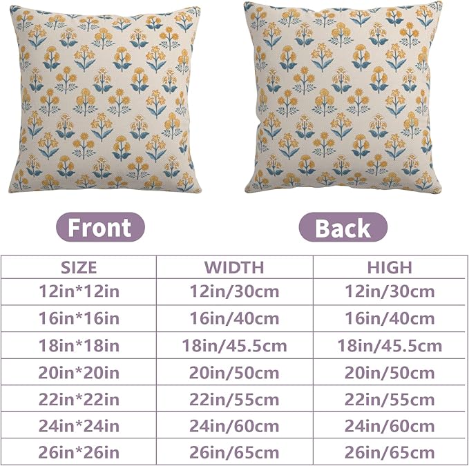 Blue Yellow Block Print Pillow Covers 20x20 Set of 2 Vintage Boho Floral Throw Pillows Case Spring Summer Rustic Outdoor Pillowcases Modern Farmhouse Home Decor for Couch Sofa Living Room
