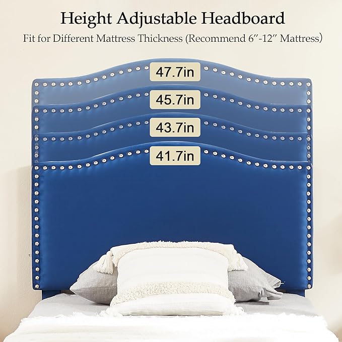 VECELO Twin Bed Frame, Platform Bed Frame with Adjustable Height Upholstered Headboard, Heavy-Duty Frame and Strong Wooden Slats Support, Non-Slip and Noise-Free, Easy Assembly, Dark Blue