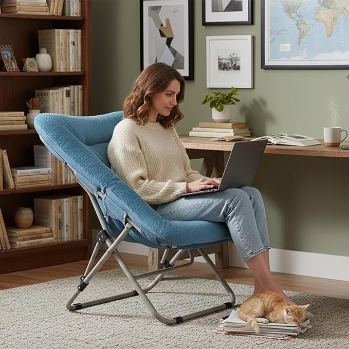 Comfy Folded Chair, Soft Faux Fur Oversized Folding Chair, Flexible Lazy Chair for Kids Girls Teens Adults, Moon Chair for Dorm Rooms, Bedroom, Living Room