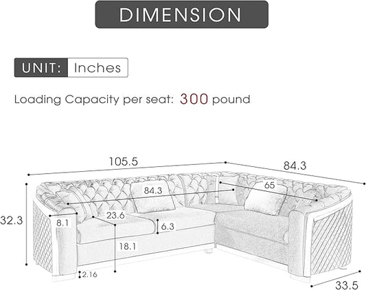 KEIKI 106" L-Shaped Luxury Velvet Chesterfield Sectional Sofa with Gold Stainless Steel Accents and 5 Pillows, Mid-Century Oversized 5-Seater Button Tufted Couch, Easy Assembly, for Living Room, Green