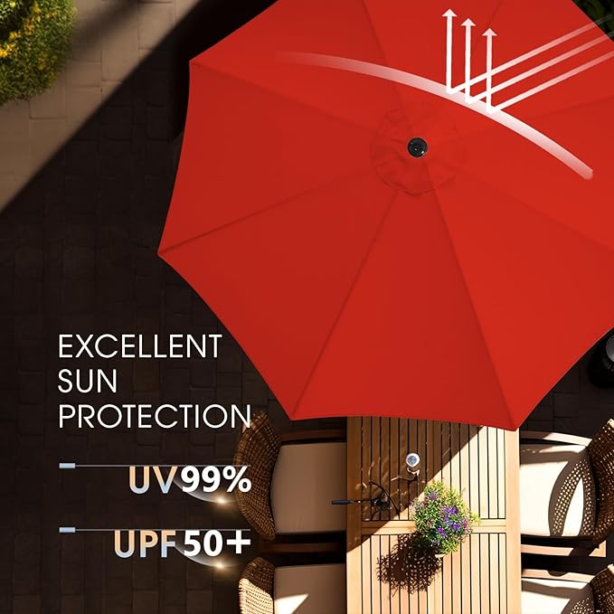 wikiwiki 11FT Patio Umbrella with Base, Outdoor Umbrellas with Base Included, 8 Sturdy Ribs, Waterproof Fade Resistant POLYESTER DTY Canopy for Deck, Lawn, Garden, Backyard & Pool, Red