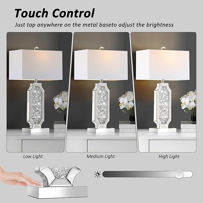 Hamucd 3-Way Dimmable Touch Diamond Crushed Mirrored Bedside Table Lamps Set of 2 for Living Room with USB A+C Ports,Tall Silver Modern Bling Nightstands Lamps for Bedroom with 2 Bulbs (Silver)