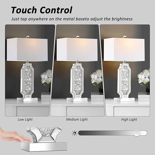Hamucd 3-Way Dimmable Touch Diamond Crushed Mirrored Bedside Table Lamps Set of 2 for Living Room with USB A+C Ports,Tall Silver Modern Bling Nightstands Lamps for Bedroom with 2 Bulbs (Silver)