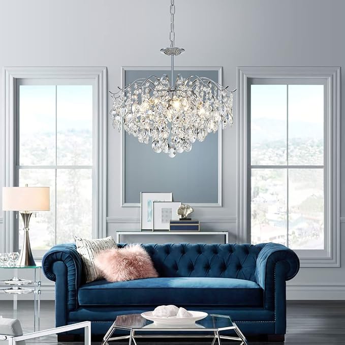 Saint Mossi Modern K9 Crystal Chandeliers, Middle Century Modern Design Chandelier Light Fixture for Dining Room, D20 x H17, Adjustable Chains 59", Chrome Finish Metal Frame