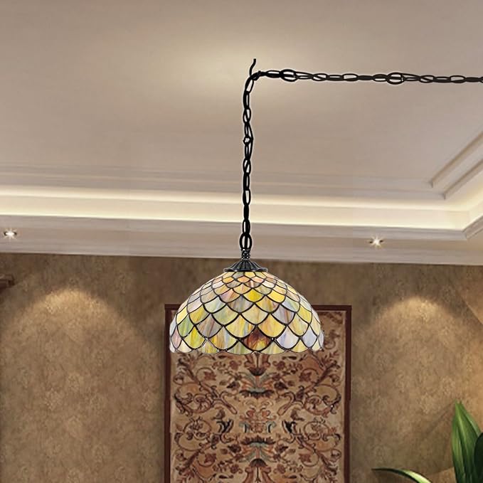 Tiffany Pendant Light Plug in 12 Inch Brown Fish Scales Stained Glass Hanging Lamp with Chain 33 Inch, Cord 15 Feet