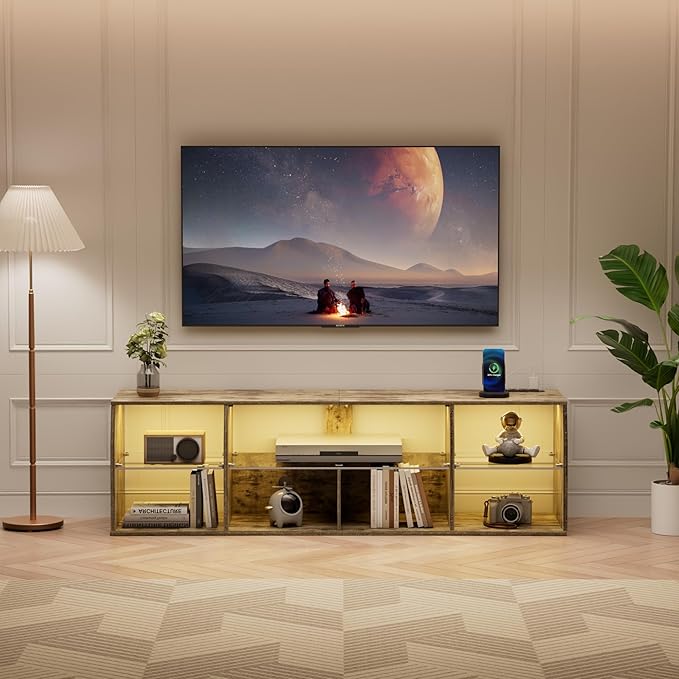 VECELO LED TV Stand for 55 inch, Entertainment Center with Power Outlets, Industrial Television Cabinet with 7 Open Storage Shelves, for Living Room and Bedroom, Light Brown, 55inch