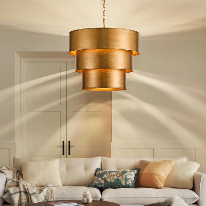 21" Vintage Metal Drum Chandelier, 7-Light E12 Industrial Adjustable Chain Hanging Pendant Light Fixtures. 3 Layer Lampshade Gold Metal Drum Chandelier for Foyer Entryway, Kitchen, Bedroom
