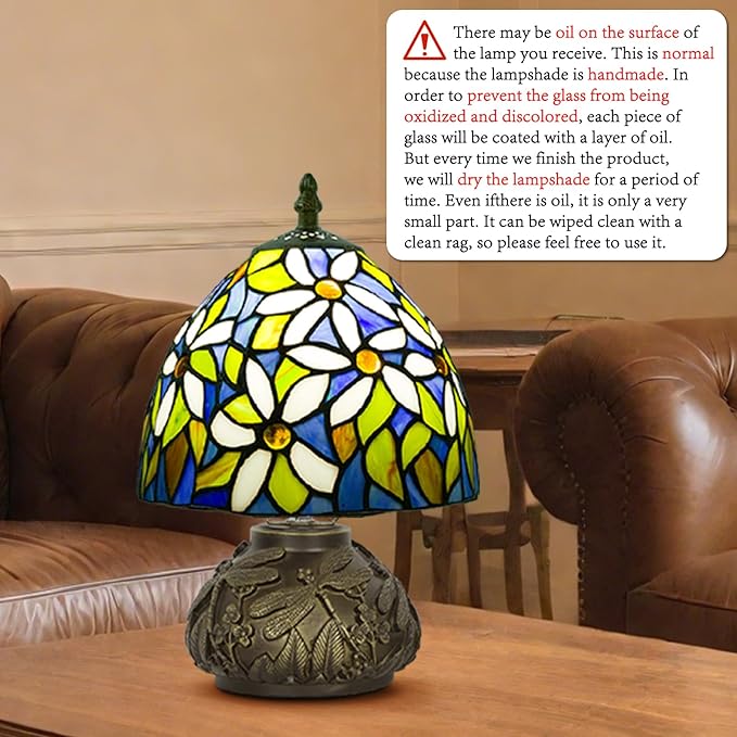 JHuiLap Small Tiffany Stained Glass Lamp, 3 Color Temperatures Bedside Lamp, 8 Inch Mushroom Desk Light for Bedroom Living Room Office Home Decor (White Flower Pattern)