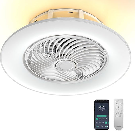 Ceiling Fans with Lights and Remote Control 22 inch with Ambient Light Bladeless Low Profile Ceiling Fan Flush Mount Enclosed Smart Ceiling Fan Light LED Dimmable Lighting (Moonlight Model)