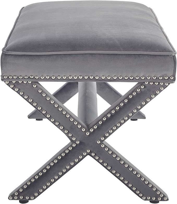 Modway Rivet Contemporary Modern Upholstered Velvet X-Base Accent Bench With Nailhead Trim In Gray