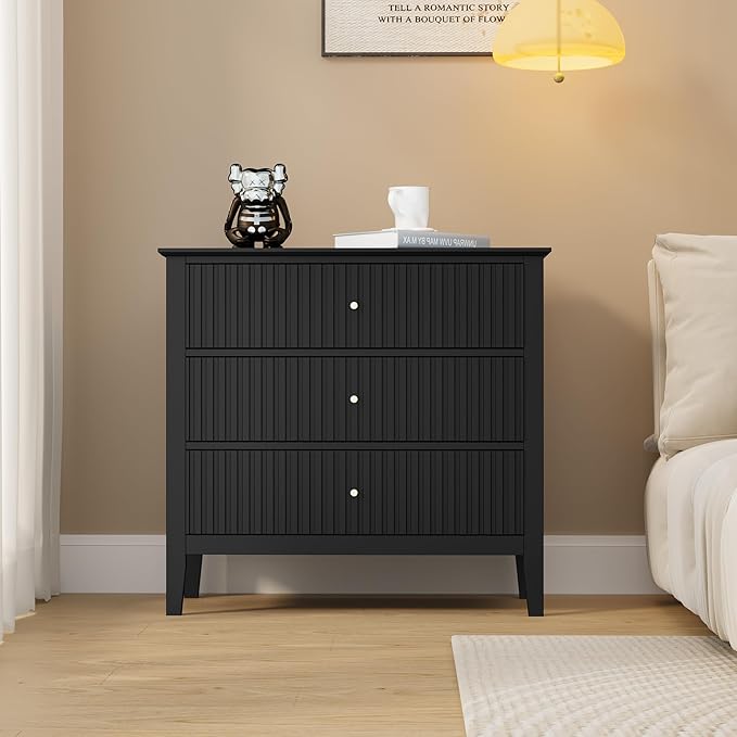 Large Black Fluted 3-Section, Modern 30 Inch Tall Wood Side Unit with Ball Bearing Slides, Wide Accent Furniture with Spacious Compartments for Living Room Entryway