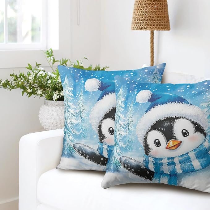 Winter Penguin Pillow Cover 24x24 Set of 2 Blue Christmas Throw Pillow Covers Lovely Penguins Snowman Pine Tree Pillow Case Winter Cotton Cushion Cases for Sofa Chair Patio Bed Couch