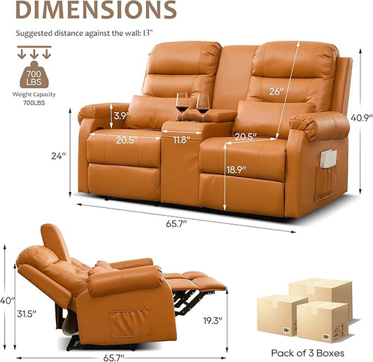 DRMBOOK RV Loveseat Recliner Sofa with Console, Faux Leather Double Wall Hugger Reclining Couch Manual Movie Seating 2 Person Recliner Chair with Cup Holders/Storage/Pocket/Lumbar Pillow, Orange