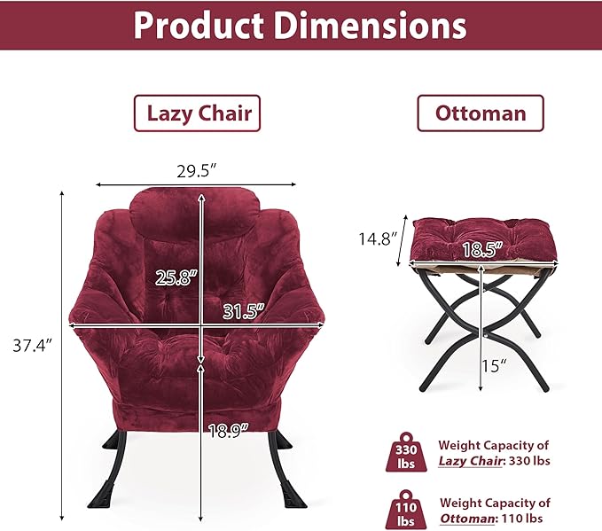 Lazy Chair with Folding Ottoman, Accent Chair Plush Upholstered with Metal Structure and Non-Slip Pads, Sofa Armchair with Footrest and Side Storage Bag for Dorm, Room, Office, Rose Red