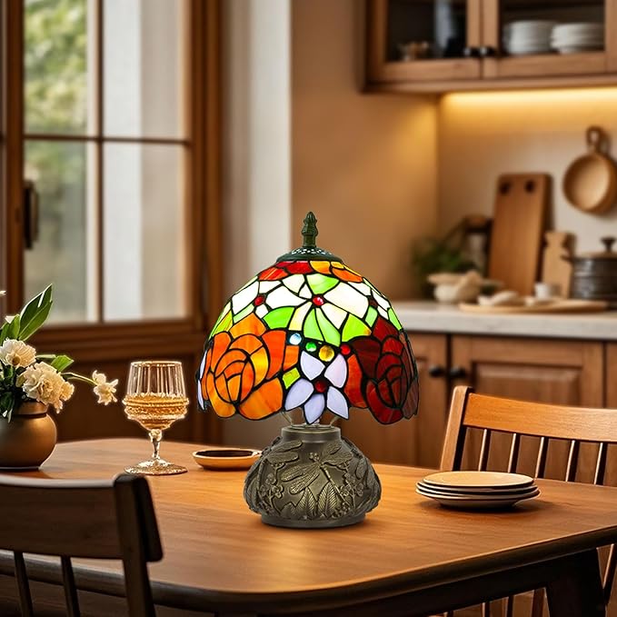 Small Tiffany Table Lamp,Stained Glass Lamp,8 Inch Mushroom Style Mini Vintage Desk Lights for Bedside, Bedroom,Nightstand,Living Room,3 Color Temperature (Tow Tone Rose)