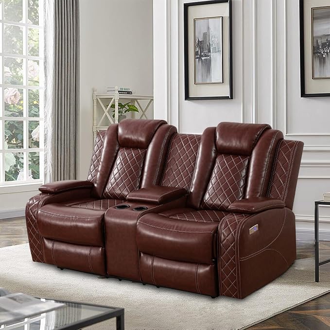 Power Recliner Sofa Set, Air Leather Reclining Couch with LED, Reclining Living Room Sofa and Loveseat Chair for House/Apartment/Office (Burgundy, LOVESEAT+2 Chairs)