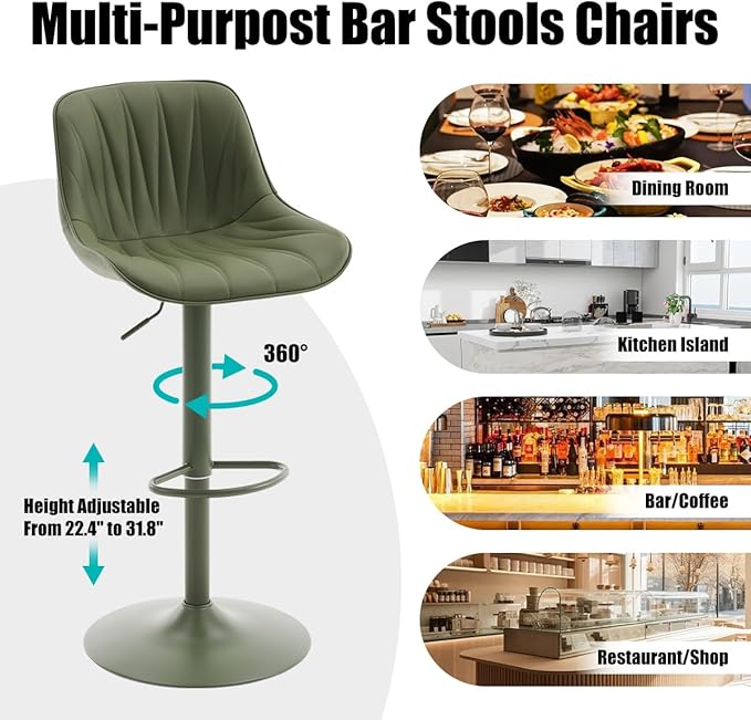Kidol & Shellder Bar Stools Set of 2 Green Adjustable Swivel Counter Height Barstools Upholstered Modern PU Leather Bar Chairs Stools for Kitchen Island