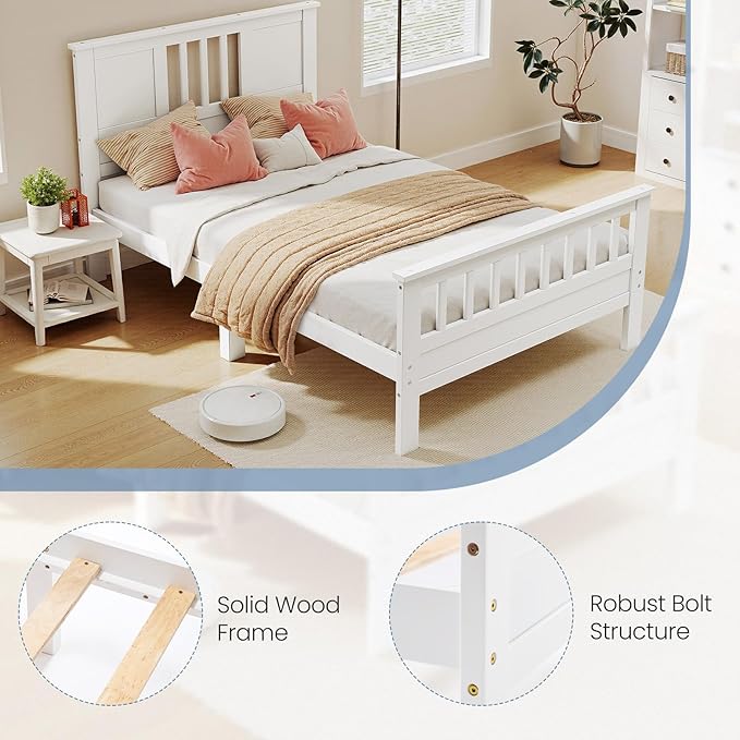 DUMOS Metal Platform Bed Frame - Twin Size Mattress Foundation with Headboard and and Footboard, No Box Spring Needed with 350LBS Sturdy Wooden Slats Support, Noise Free, White