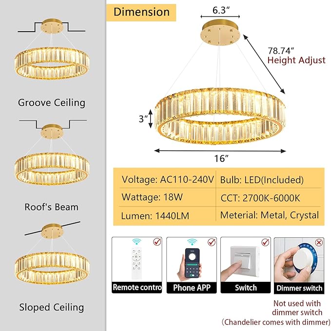 16'' Modern Ring Chandelier Crystal Chandeliers for Dining Room Round LED Dimmable Ceiling Light Fixture for Living Room Bedroom Lighting Gold