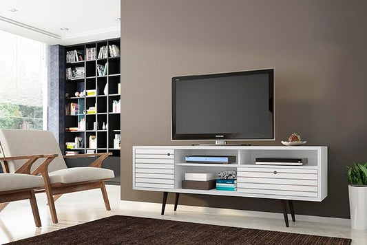 Manhattan Comfort Liberty Mid Century Modern TV Stand for Televisions up to 65 Inches, Bedroom and Living Room Entertainment Center with Storage, Shelves, and Cabinet, 71" Wide, White