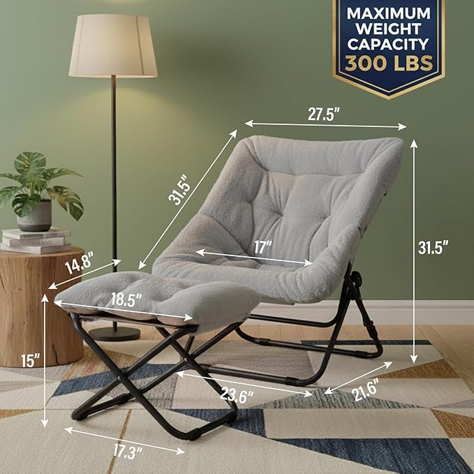 Tiita Folded Chair with Straight Ottoman, Soft Faux Fur Oversized Folding Accent Chair,Lazy Chair, Metal Frame Moon Chair for Bedroom, Living Room, Dorm Rooms, Garden and Courtyard, Grey