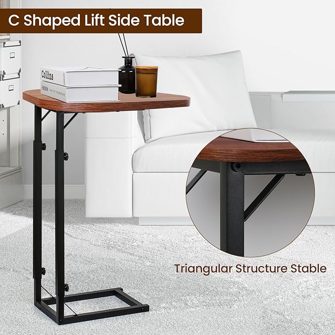 Premium Adjustable C-Shaped End Table for Couch, Mini Side Tables for Sofa, Small Coffee Table with Metal Frame, Beautiful and Practical Sidekick for Your Living Room, Bedroom, Bedside, Rustic Brown | Premium, Adjustable, for Couch, for Sofa, with Meta...