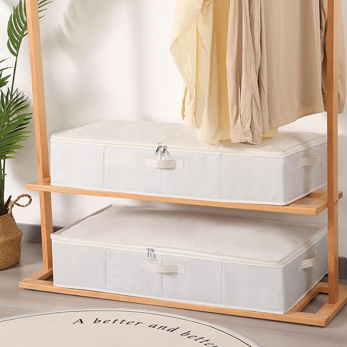 Under Bed Storage Container, Clothes Organizer with Handles, Foldable Storage Bin With Lid, Beige, 1 Pack, 23.6 x 11.8 x 5.9 Inch