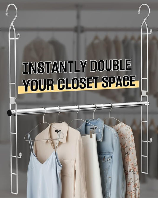 Hanging Closet Rod Stainless Steel, 1 Pack Adjustable Height & Width Closet Rod Extender, Space-Saving Closet Hanging Storage Organizer，Load up to 88LB