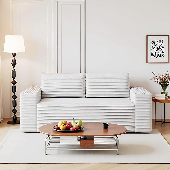 JINGLING 71" Small Couches for Small Spaces, Memory Foam Loveseat Corduroy Couch in a Box, Compressed Boneless Sofa for Living Room Bedroom, Apartment Furniture, No Assembly Required, White
