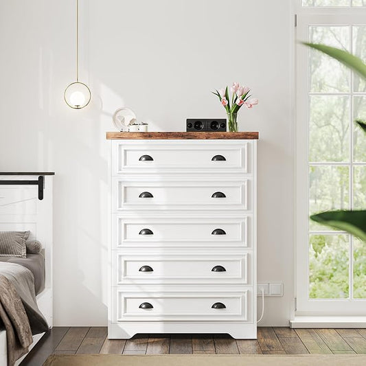LIKIMIO 5-Drawer 43" Tall Dresser with Built-in Charging Station - Farmhouse Style Bedroom Storage Cabinet, Brown & White