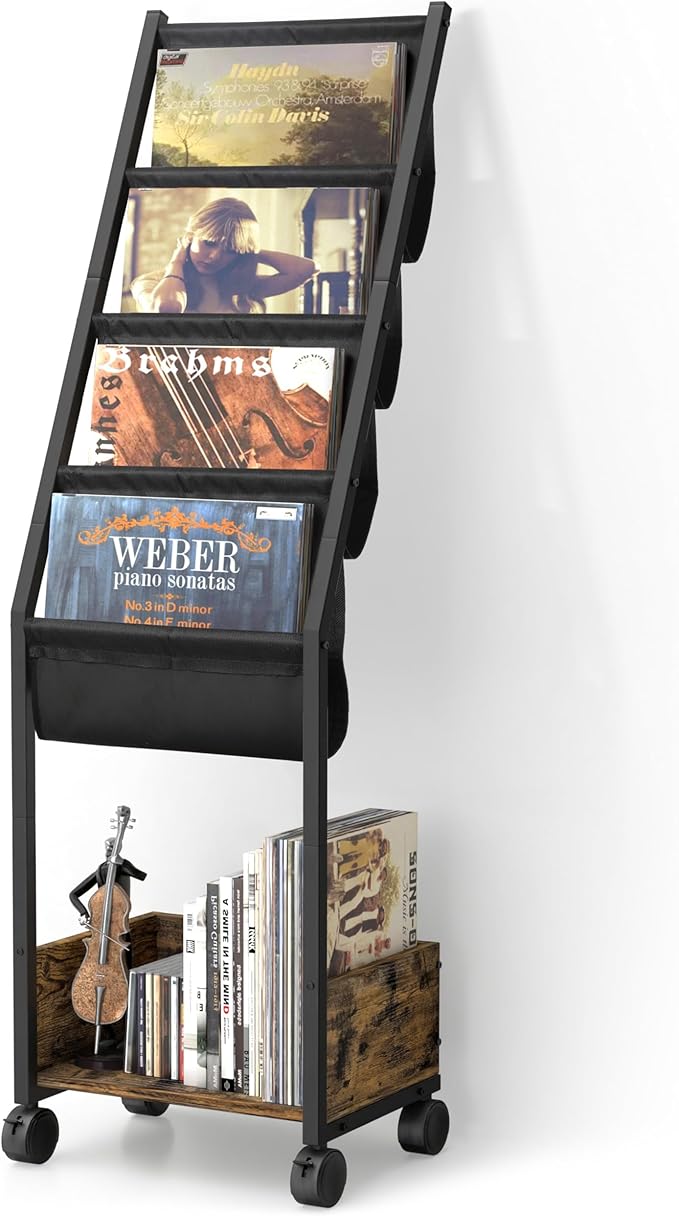 Keebofly Vinyl Record Storage, Record Holder Up to 100 Albums, Record Stand with 4 Tier Vinyl Holder Display Shelf, Movable Vinyl Storage Organizer Rack, Record Cabinet for Book Magazine Turntable